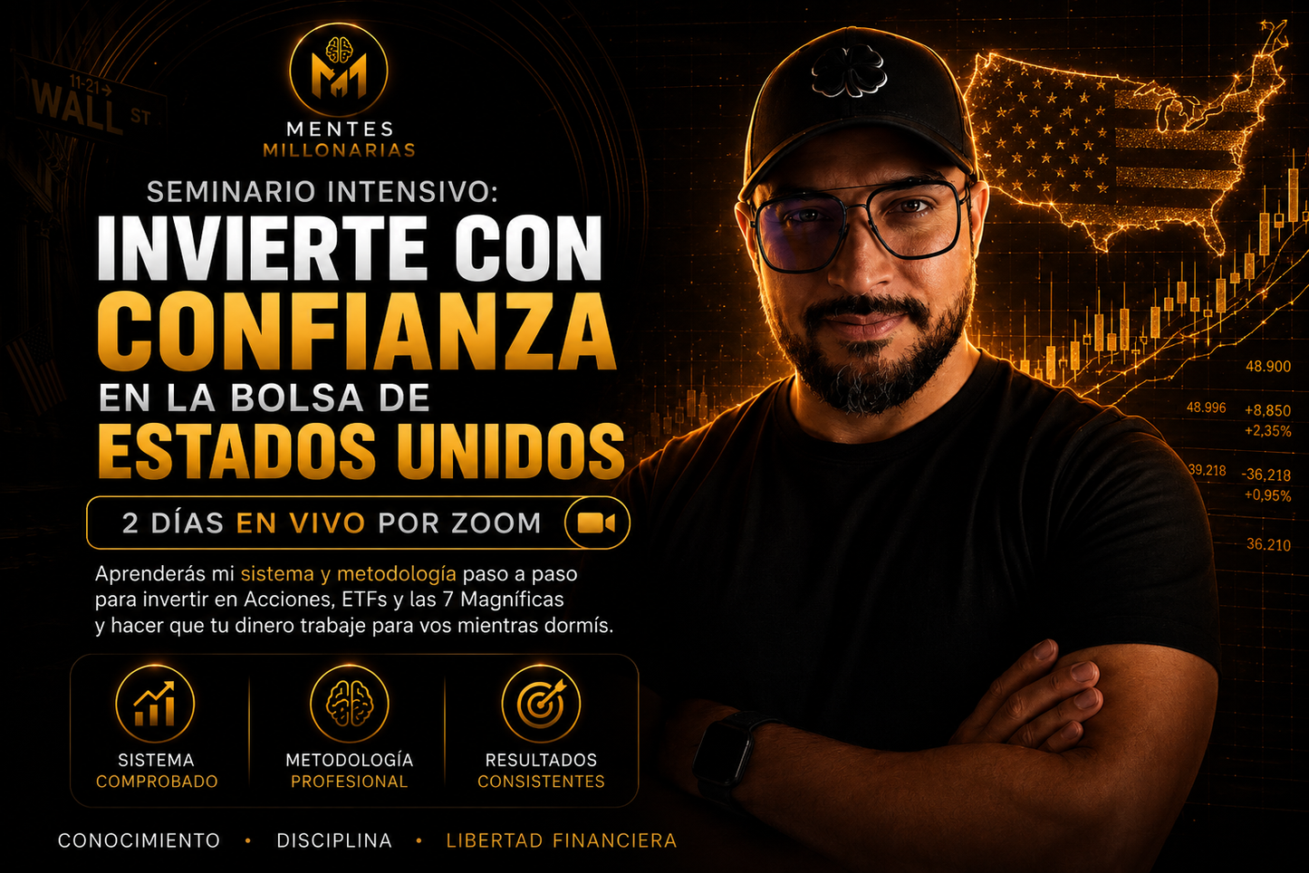 Seminario intensivo de inversión en acciones y ETF, con contenido visual sobre el curso para aprender desde cero.