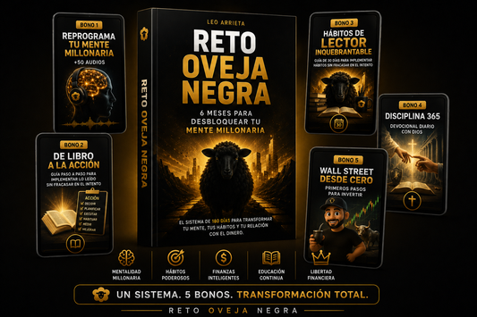 Libro Reto Oveja Negra de 6 meses para desbloquear la mente millonaria, con portada y diseño del producto.